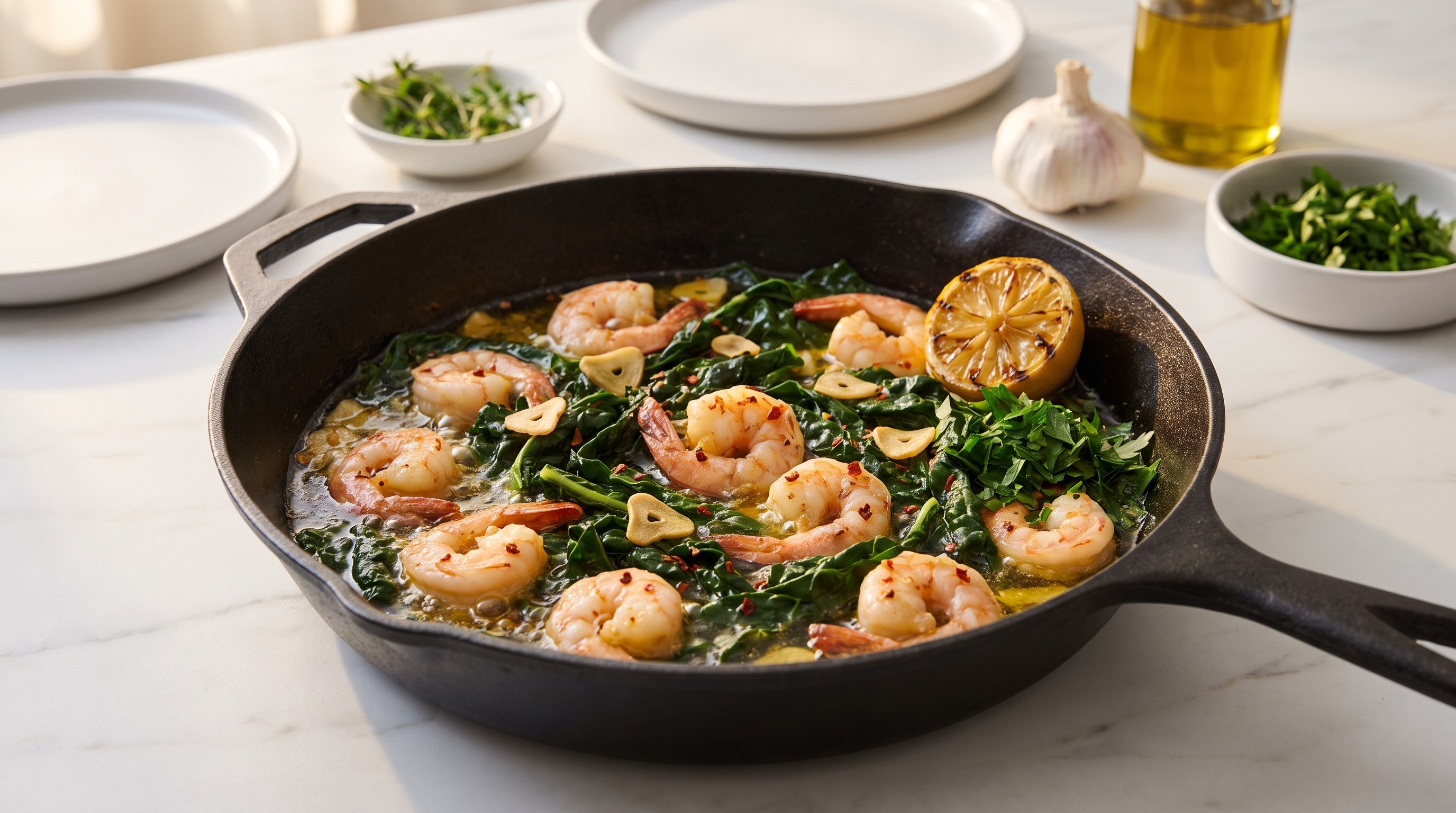 Gambas al Ajillo med sautert palmekål - Lav glykemisk oppskrift