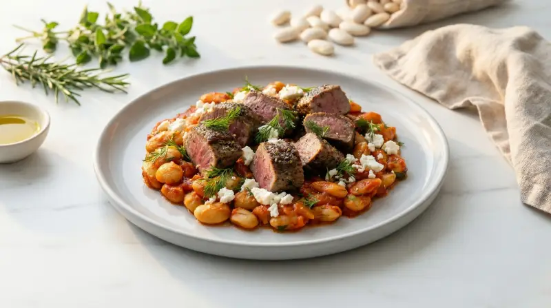 Mediterranean Butter Beans with Herb-Crusted Lamb - Low Glycemic Recipe