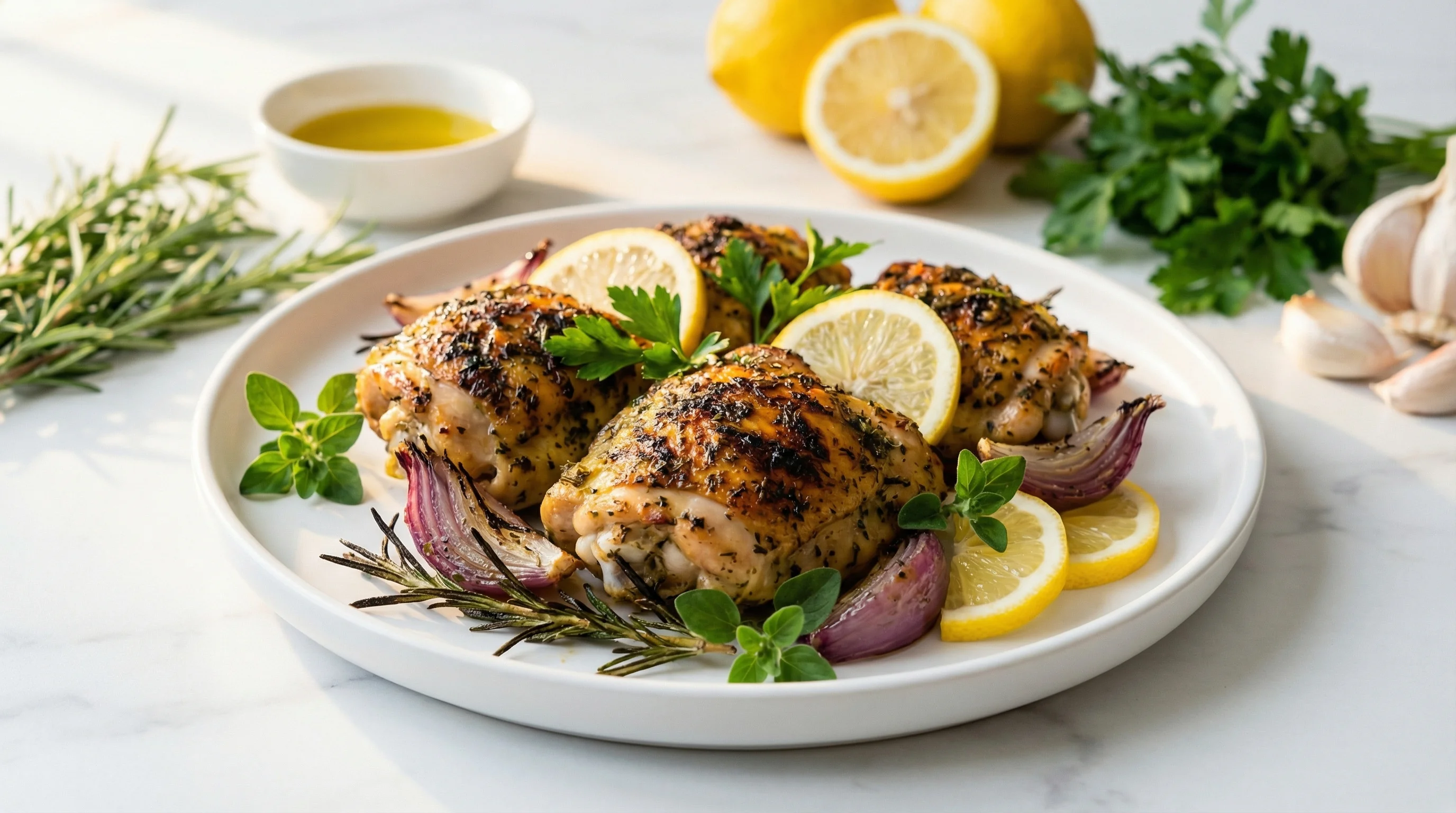 Mediterranean Herb-Crusted Chicken Thighs with Charred Rosemary - Low Glycemic Recipe