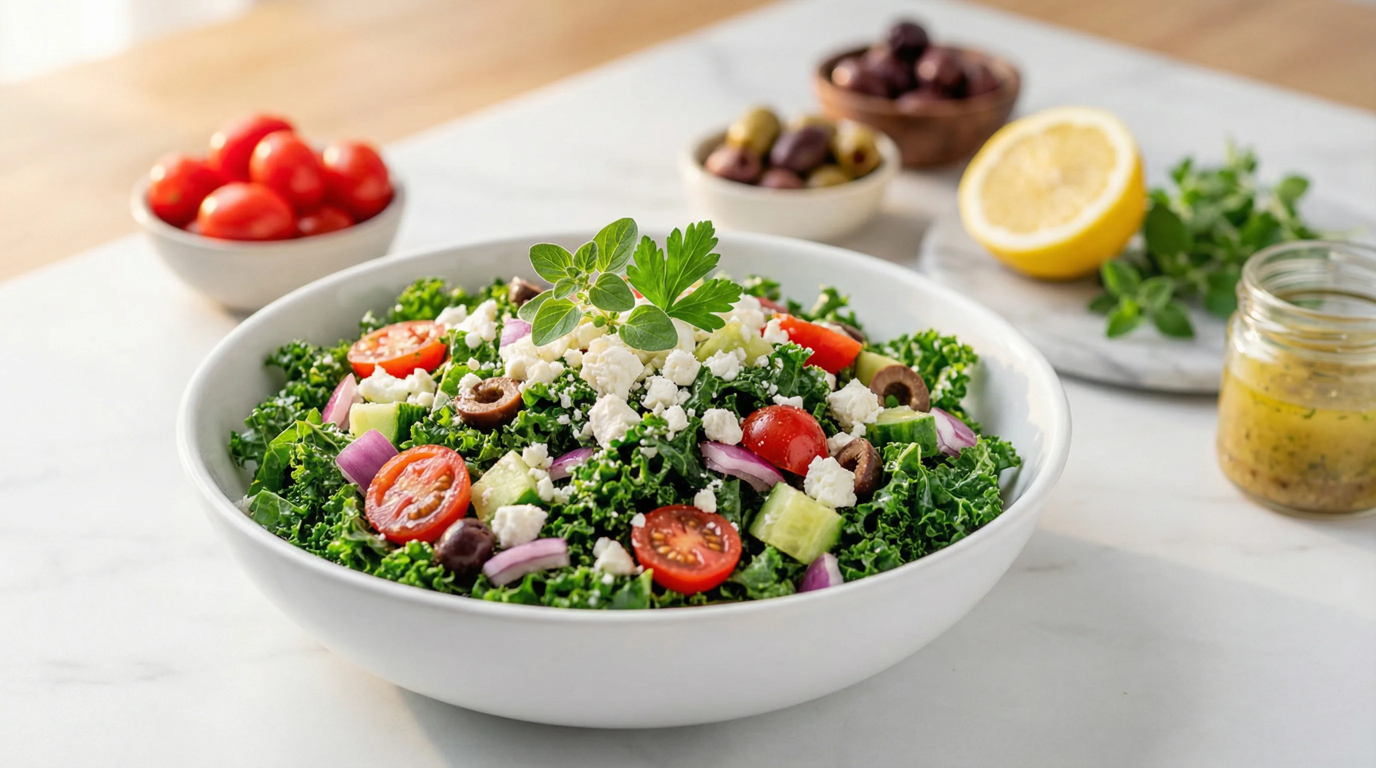 Mediterranean Kale Power Salad with Lemon-Herb Dressing - Low Glycemic Recipe