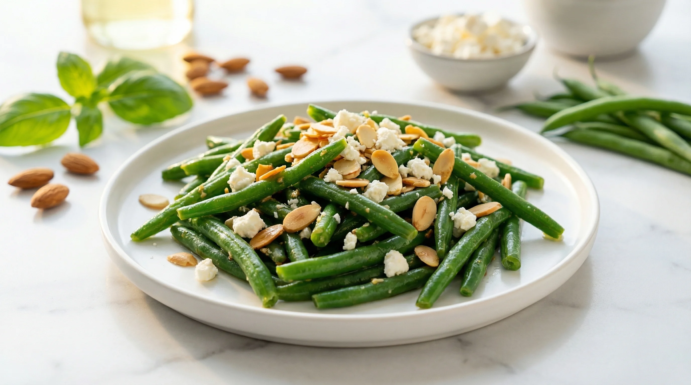 Mediterranean Green Bean Salad with Toasted Almonds and Feta - Low Glycemic Recipe