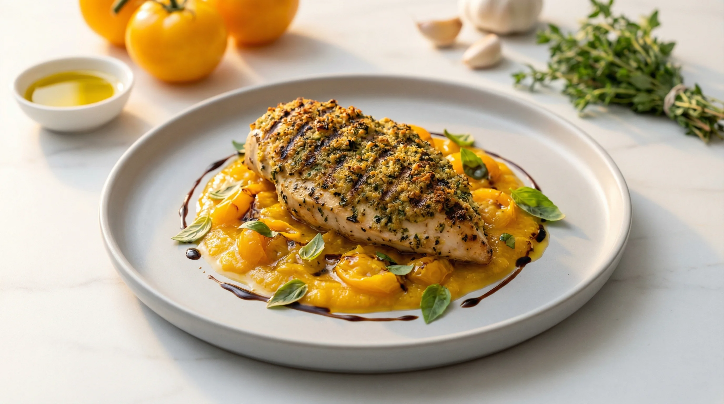 Herb-Crusted Grilled Chicken with Smoky Yellow Tomato Sauce - Low Glycemic Recipe
