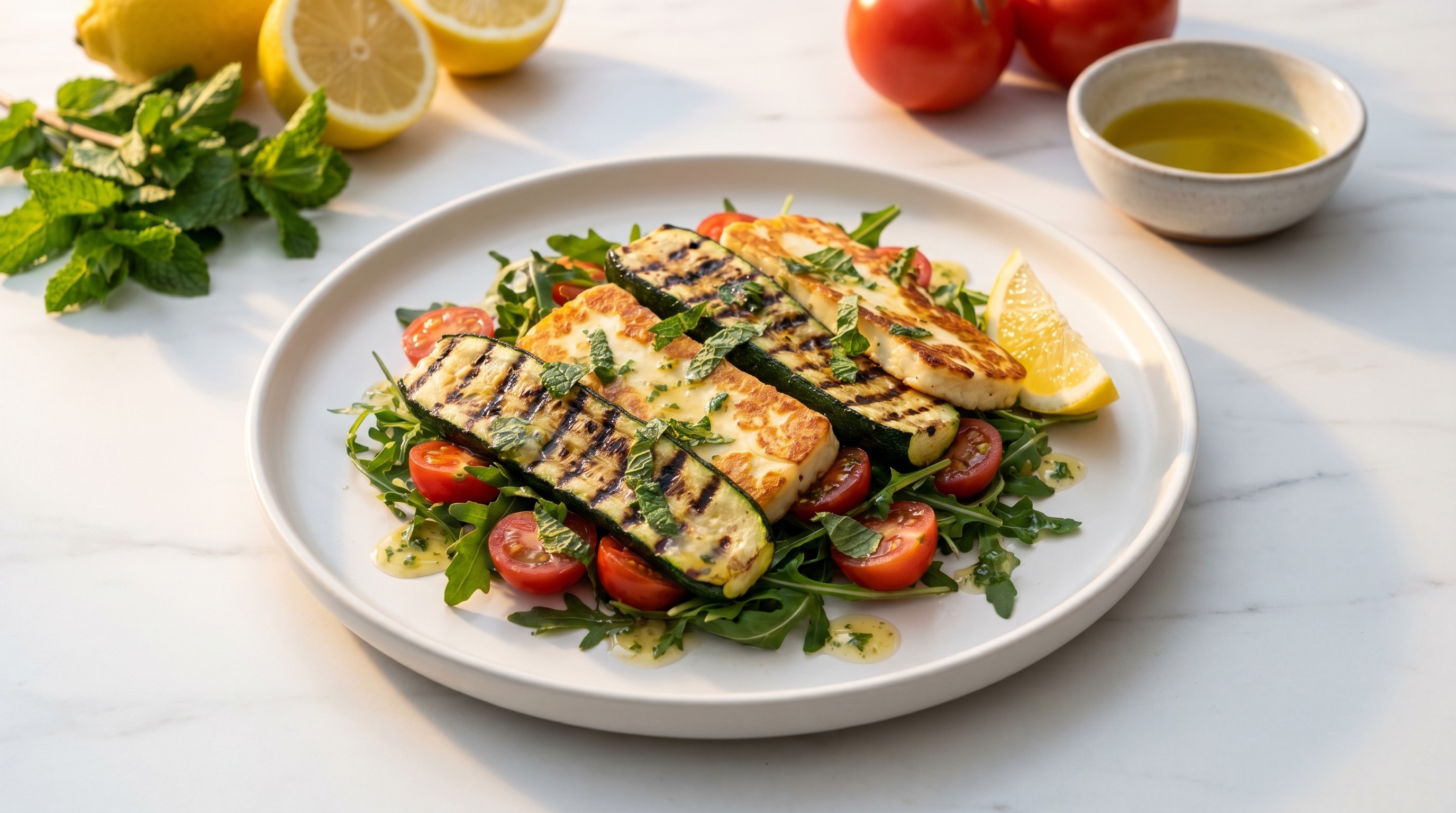 Grilled Courgette and Halloumi Salad with Lemon-Mint Dressing - Low Glycemic Recipe