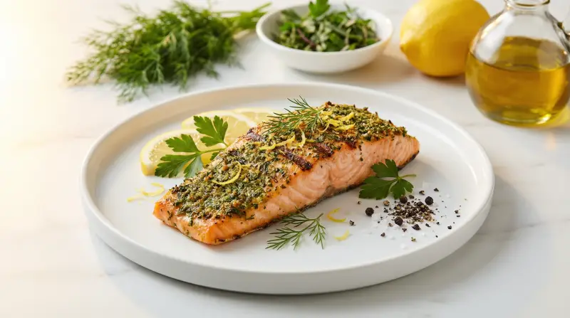 Herb-Crusted Grilled Salmon with Lemon Pepper - Low Glycemic Recipe