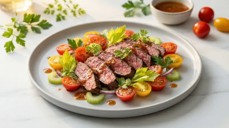 Grilled Bavette Steak with Fresh Tomato Celery Salad and Horseradish Dressing - Low Glycemic Recipe