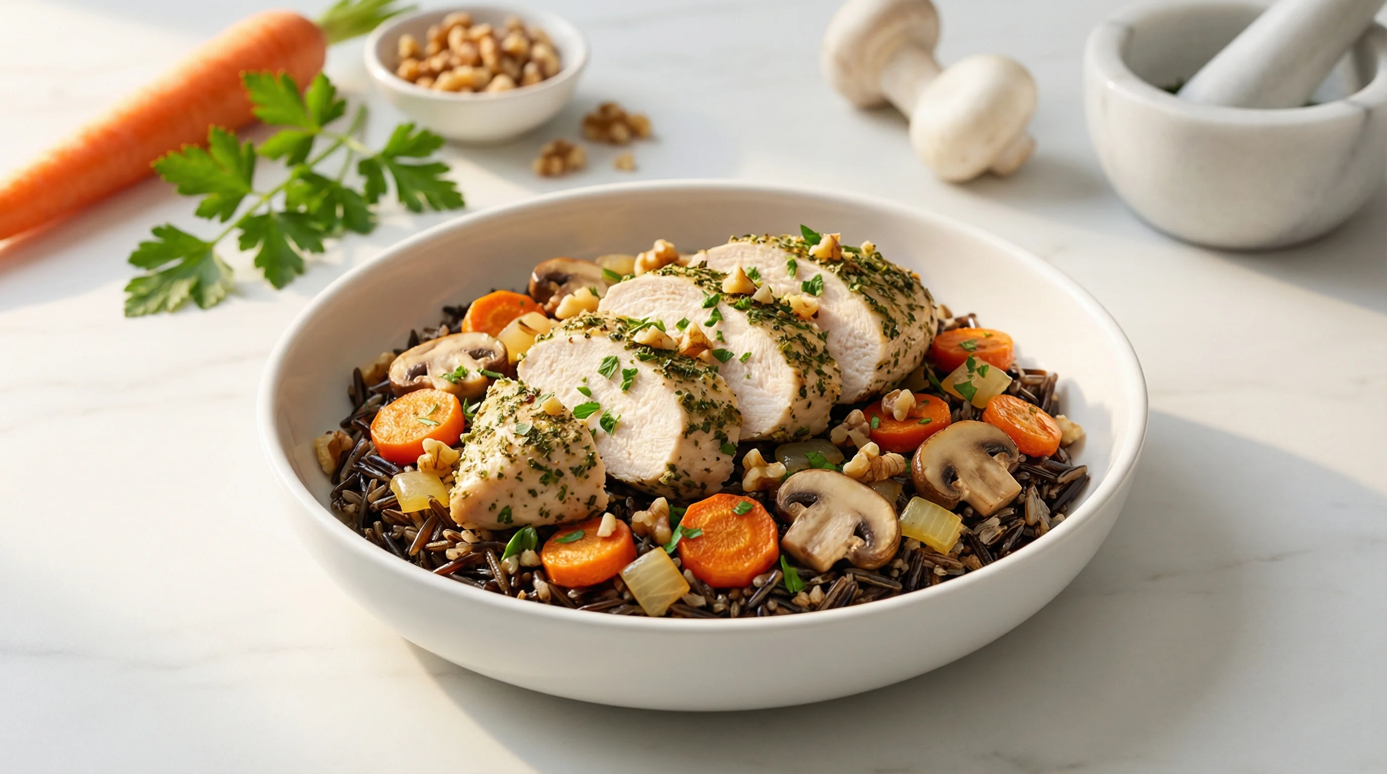 Low-Glycemic Wild Rice & Roasted Root Vegetable Bowl with Herb-Crusted Chicken - Low Glycemic Recipe