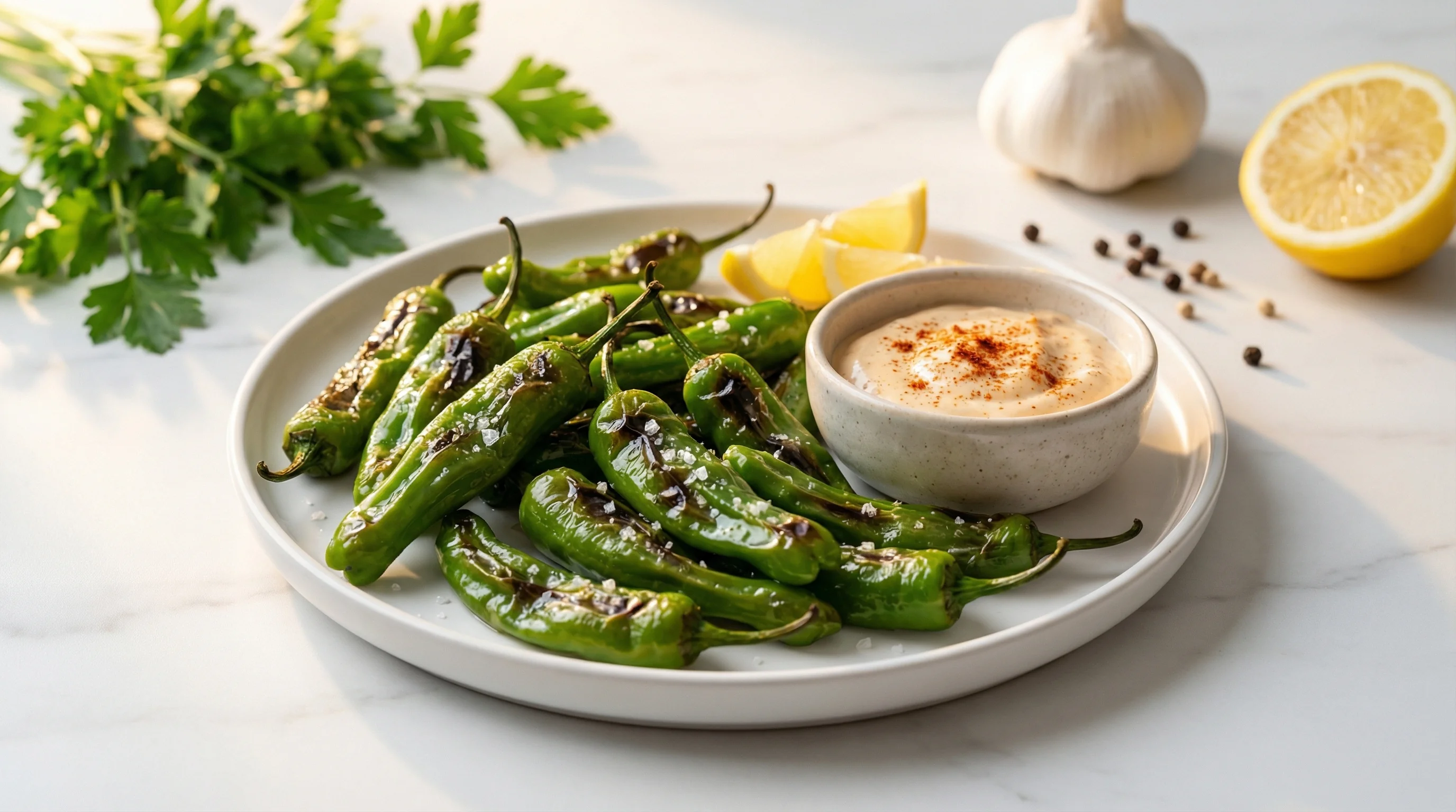 Blistered Shishito Peppers with Smoky Garlic Aioli - Low Glycemic Recipe
