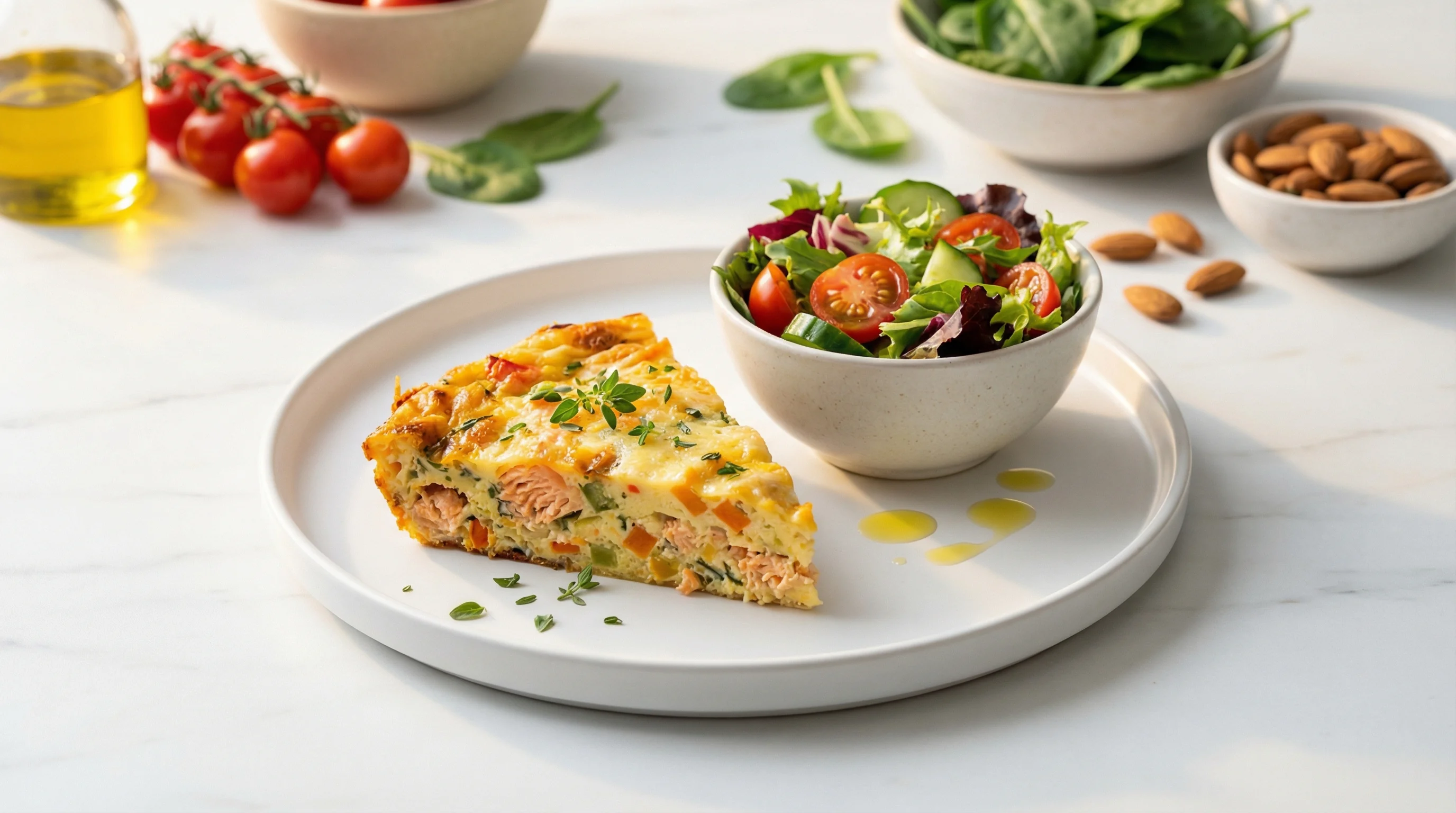 Low-GI Crustless Vegetable and Protein Pie with Garden Salad - Low Glycemic Recipe