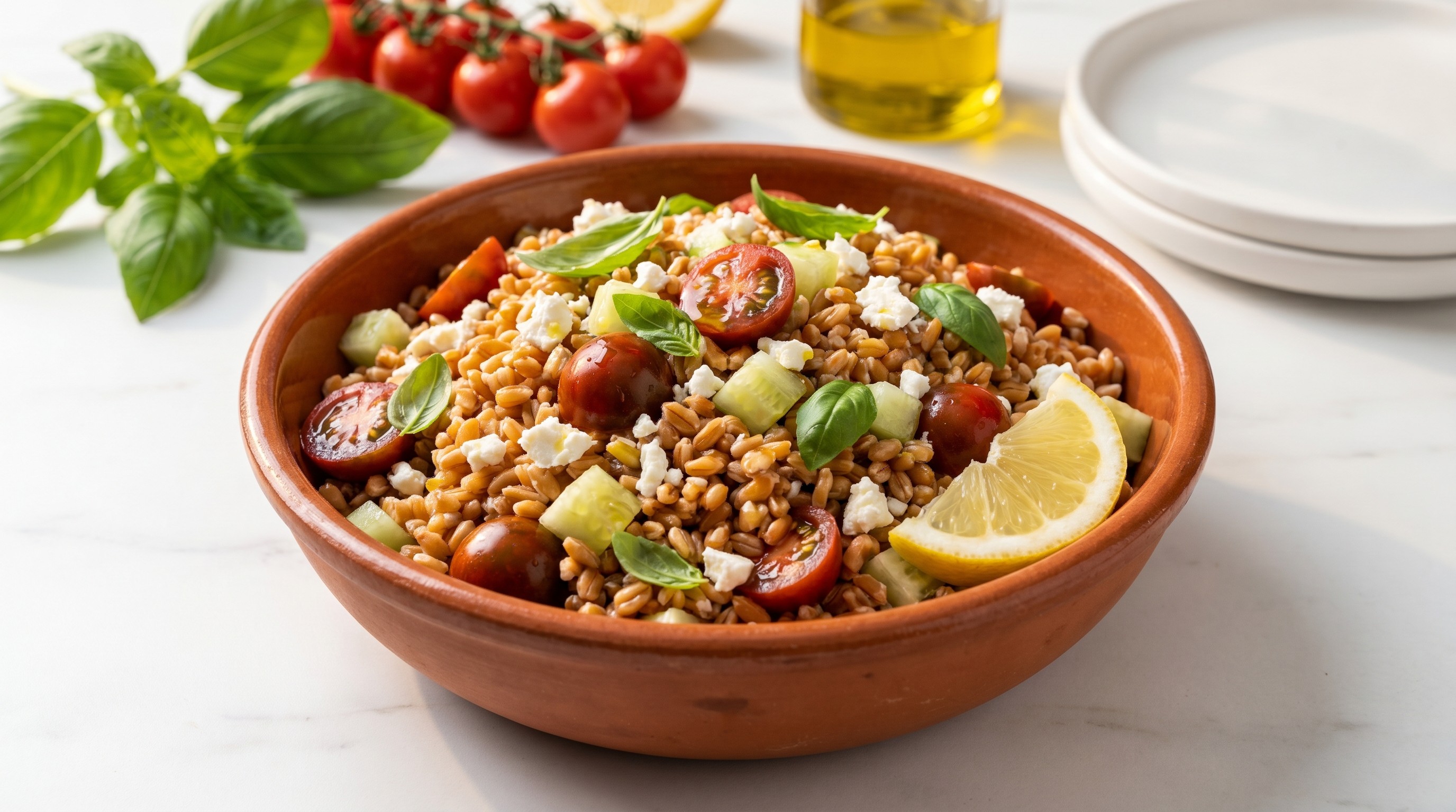 Italiensk farrosalat med cherrytomater, basilikum og fetaost - lavglykemisk oppskrift