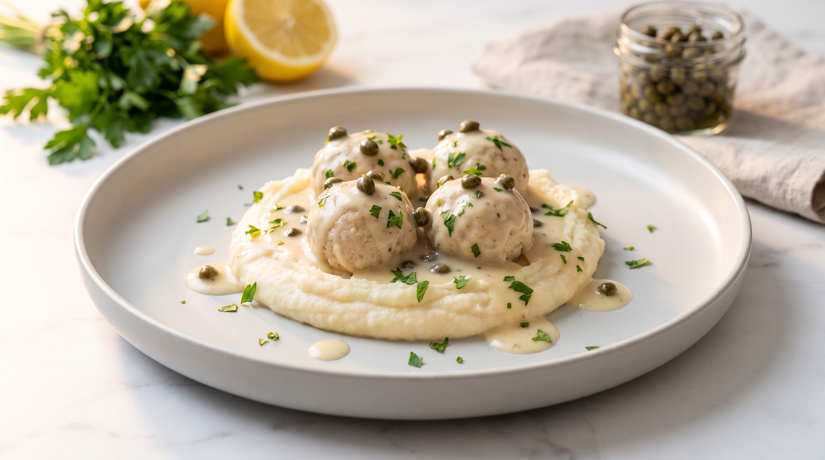 Königsberger Klopse i kaperskremsaus med sellerirotpuré - Lav-glykemisk oppskrift