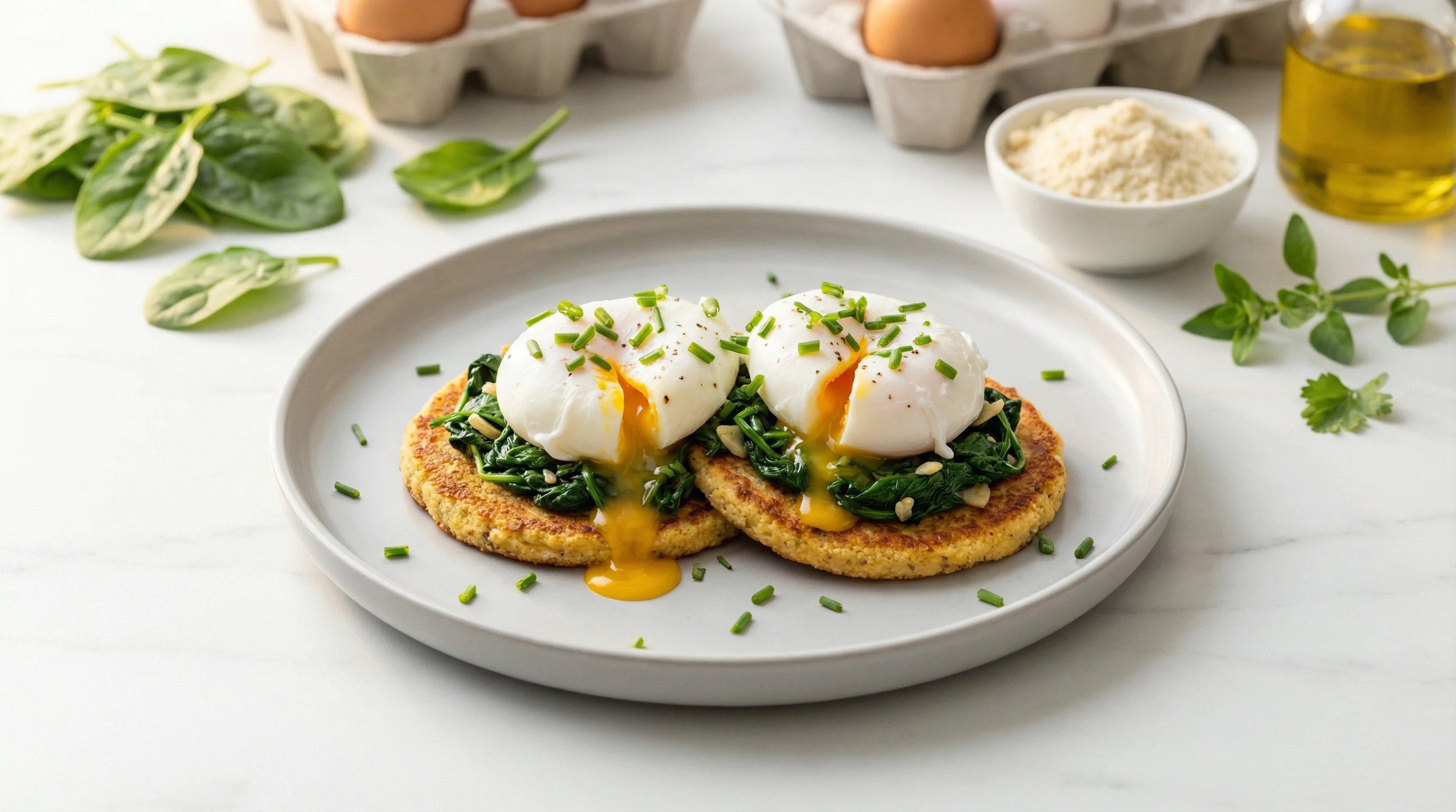 Low-Glycemic Poached Eggs with Garlic Spinach on Almond Flour Rounds - Low Glycemic Recipe