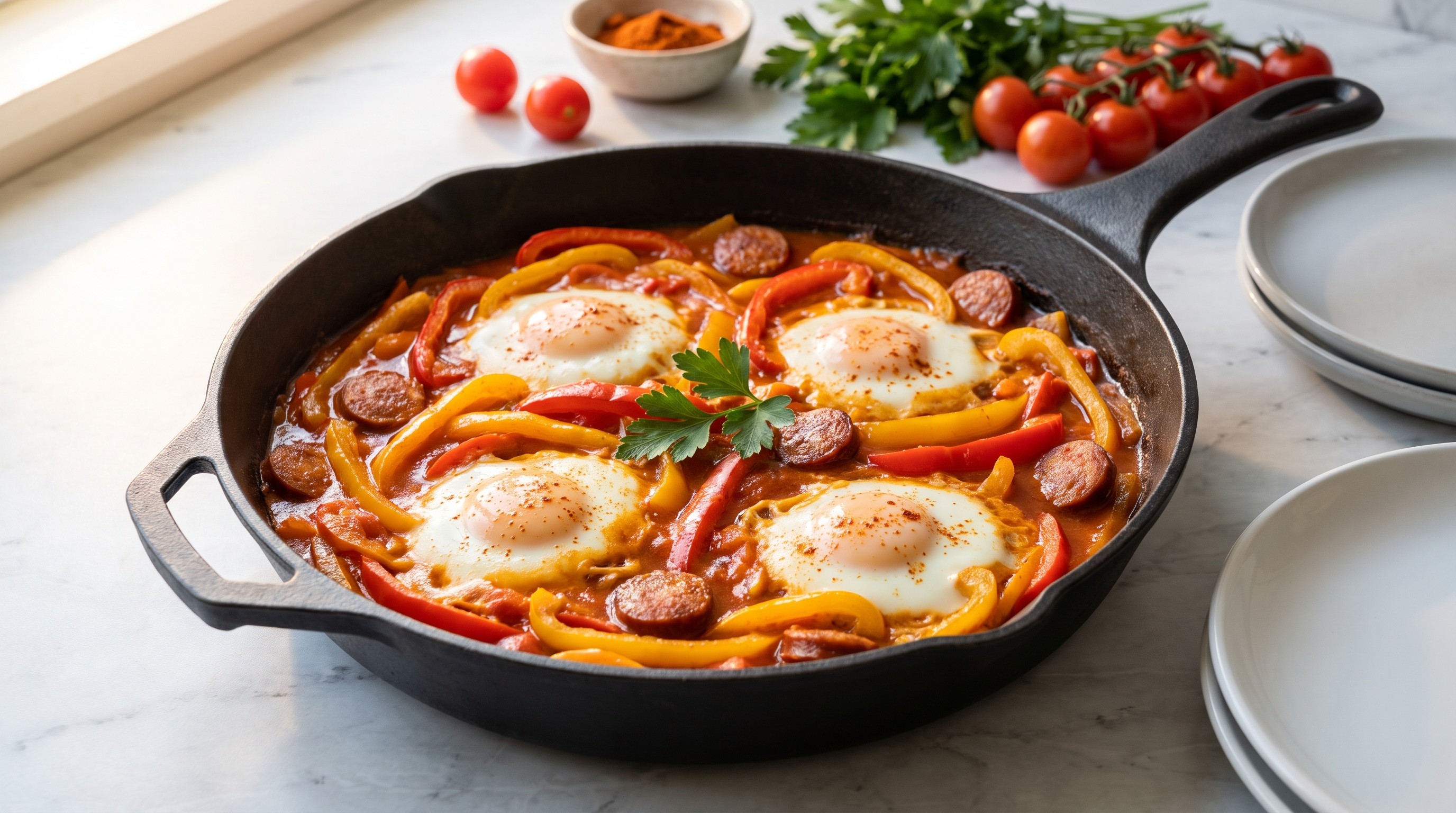 Lecsó med egg og røkt pølse - Lavglykemisk oppskrift