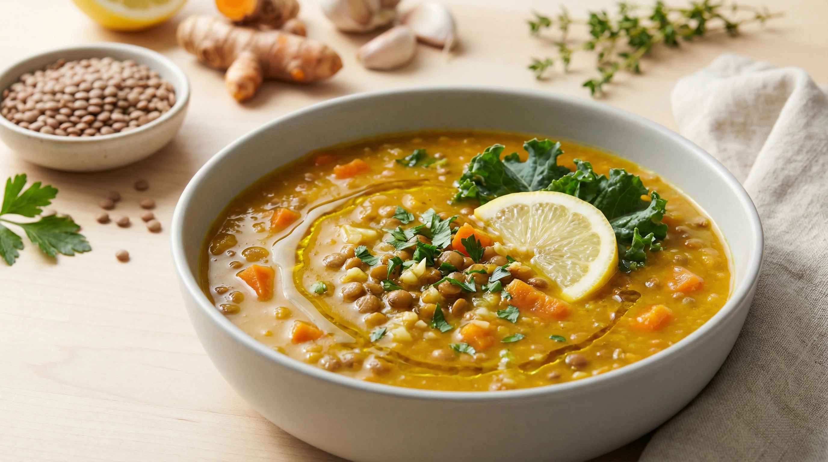 Golden Turmeric Lentil Soup with Lemon and Kale - Low Glycemic Recipe