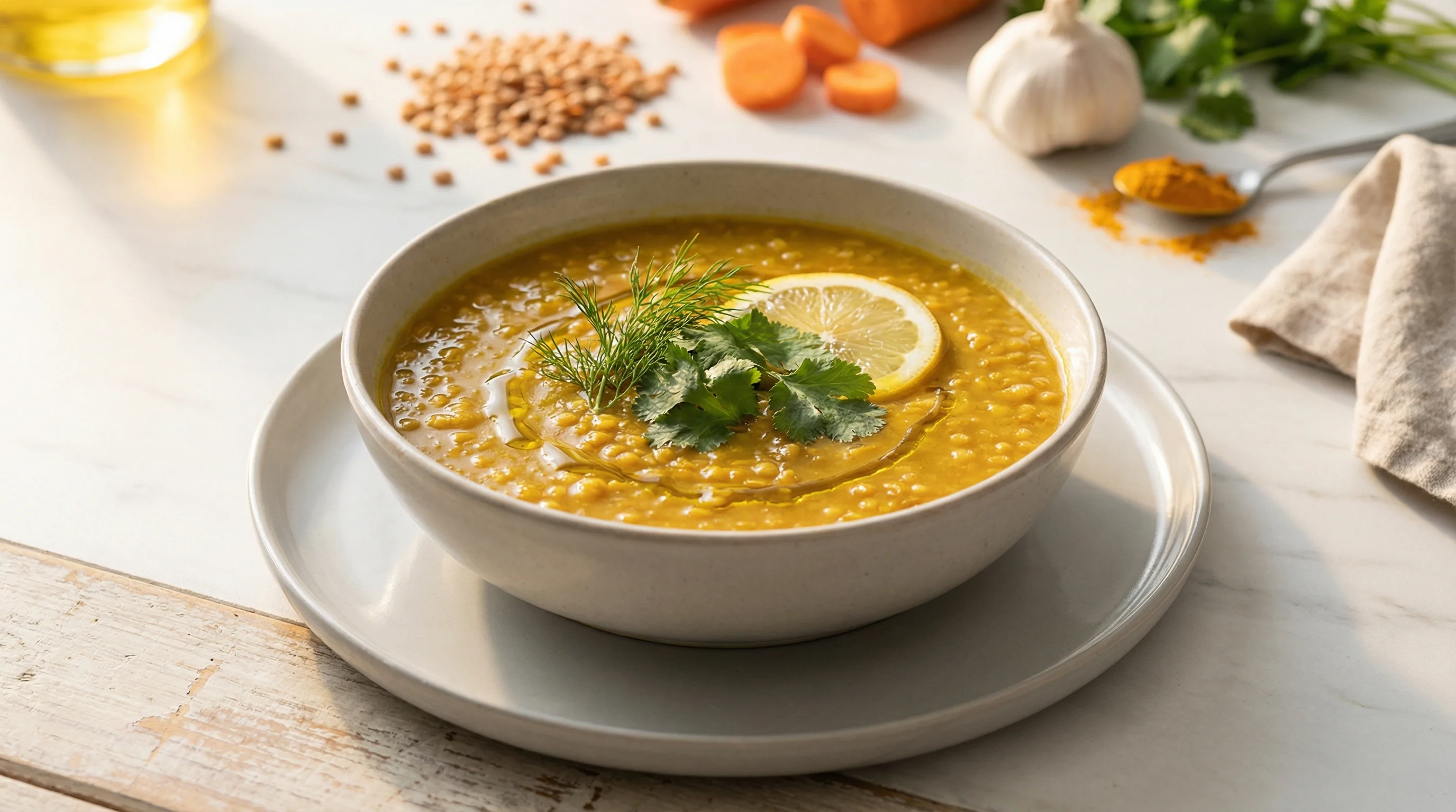 Golden Turmeric Lentil Soup with Lemon and Greens - Low Glycemic Recipe