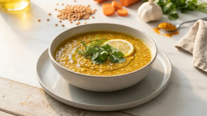 Golden Turmeric Lentil Soup with Lemon and Greens - Low Glycemic Recipe
