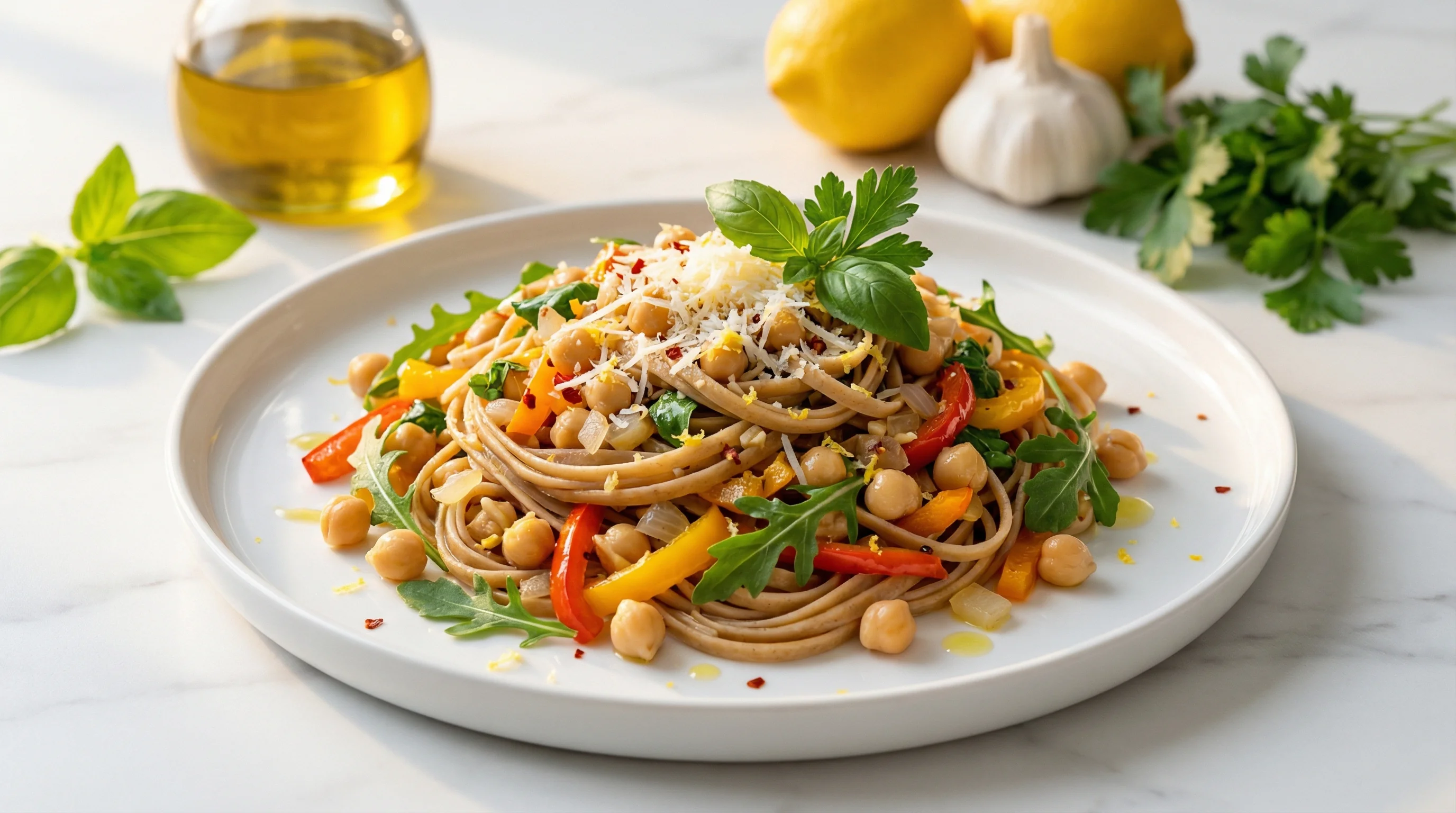 Mediterranean Whole Grain Linguine with Chickpeas and Peppery Greens - Low Glycemic Recipe