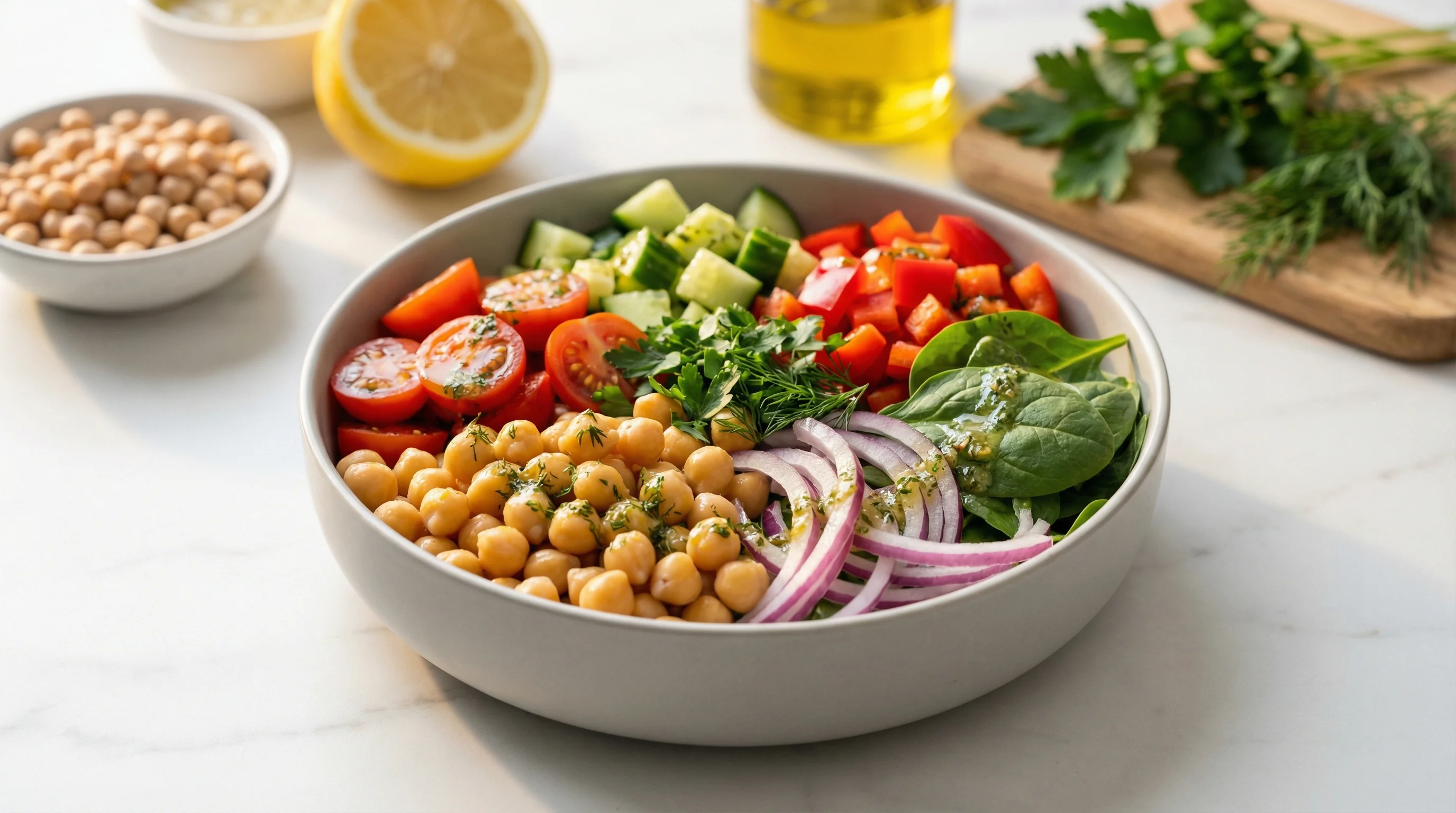 Mediterranean Chickpea and Vegetable Bowl with Lemon-Herb Dressing - Low Glycemic Recipe