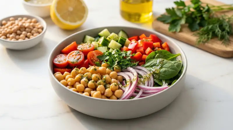 Mediterranean Chickpea and Vegetable Bowl with Lemon-Herb Dressing - Low Glycemic Recipe