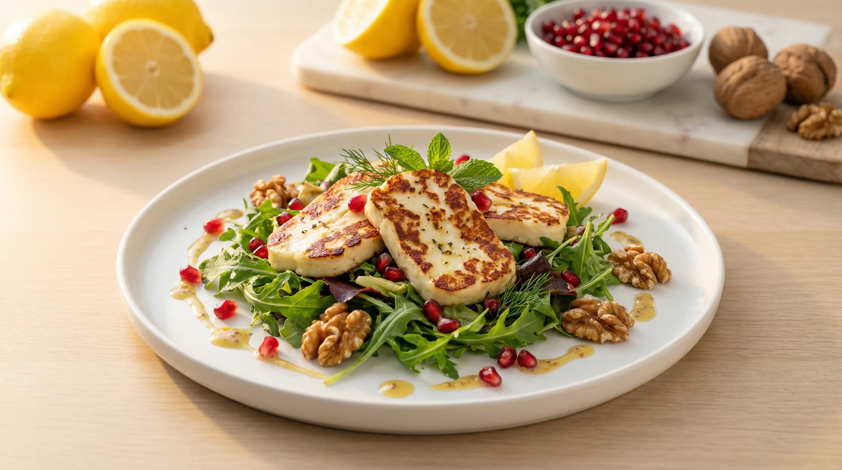 Mediterranean Grilled Halloumi Salad with Pomegranate and Walnuts - Low Glycemic Recipe