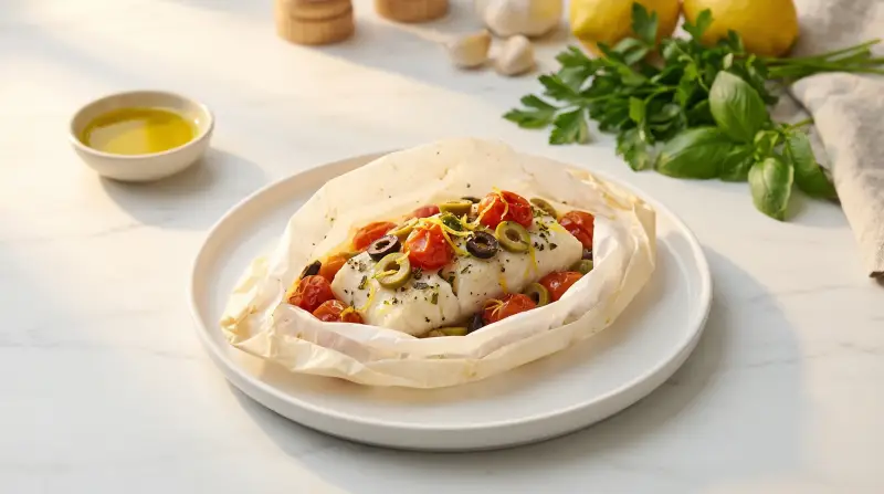 Low-Glycemic Mediterranean Fish en Papillote with Tomatoes and Olives - Low Glycemic Recipe