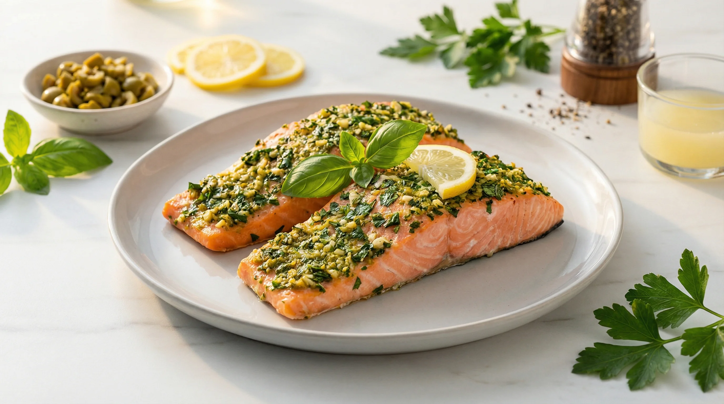 Herb-Crusted Grilled Salmon with Mediterranean Flavors - Low Glycemic Recipe