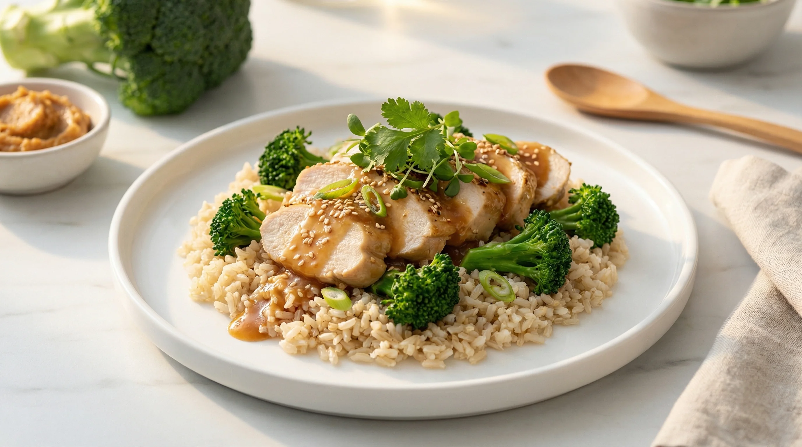 Miso-Glazed Chicken with Brown Rice and Sprouting Broccoli - Low Glycemic Recipe