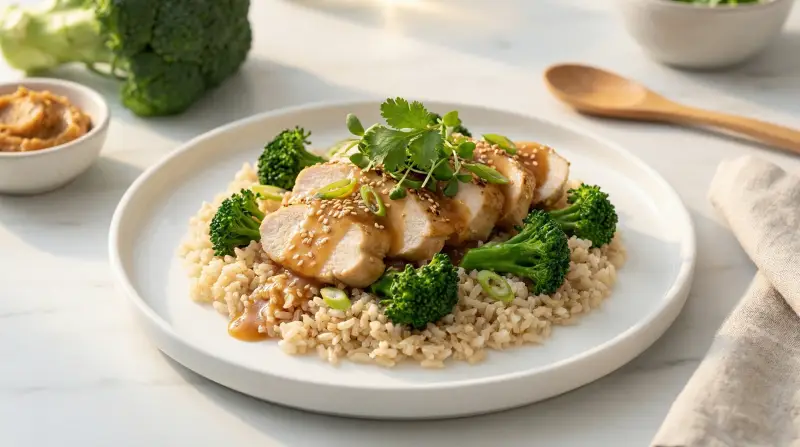 Miso-Glazed Chicken with Brown Rice and Sprouting Broccoli - Low Glycemic Recipe