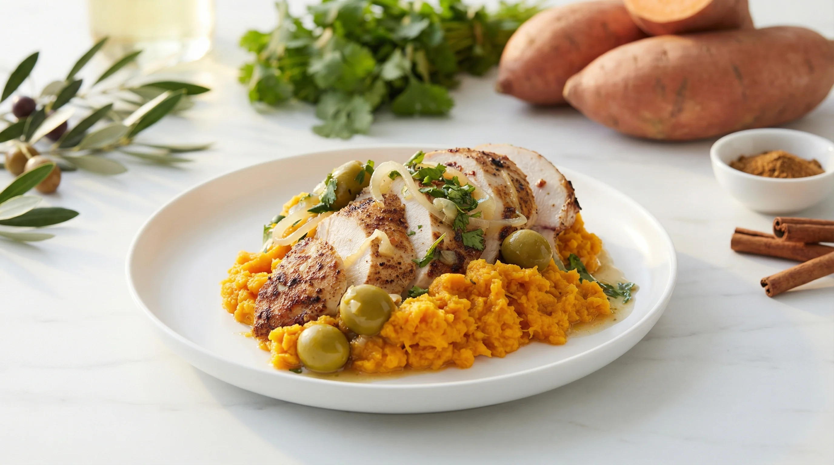 Moroccan-Spiced Chicken with Creamy Sweet Potato Mash - Low Glycemic Recipe