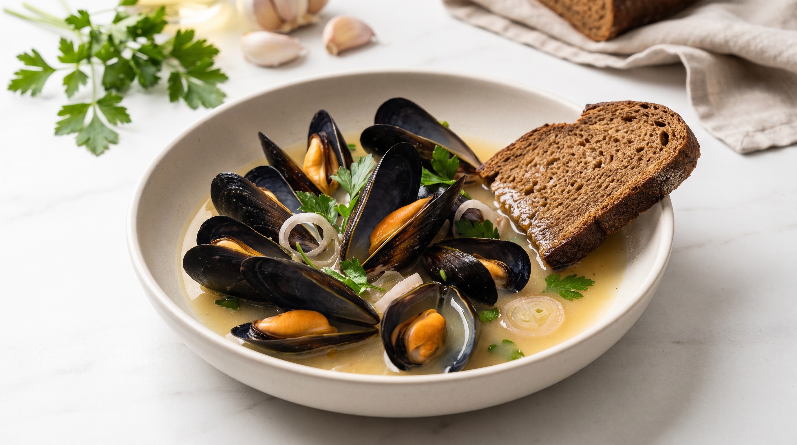 Moules Marinières med mørkt rugbrød - Lav-glykemisk oppskrift