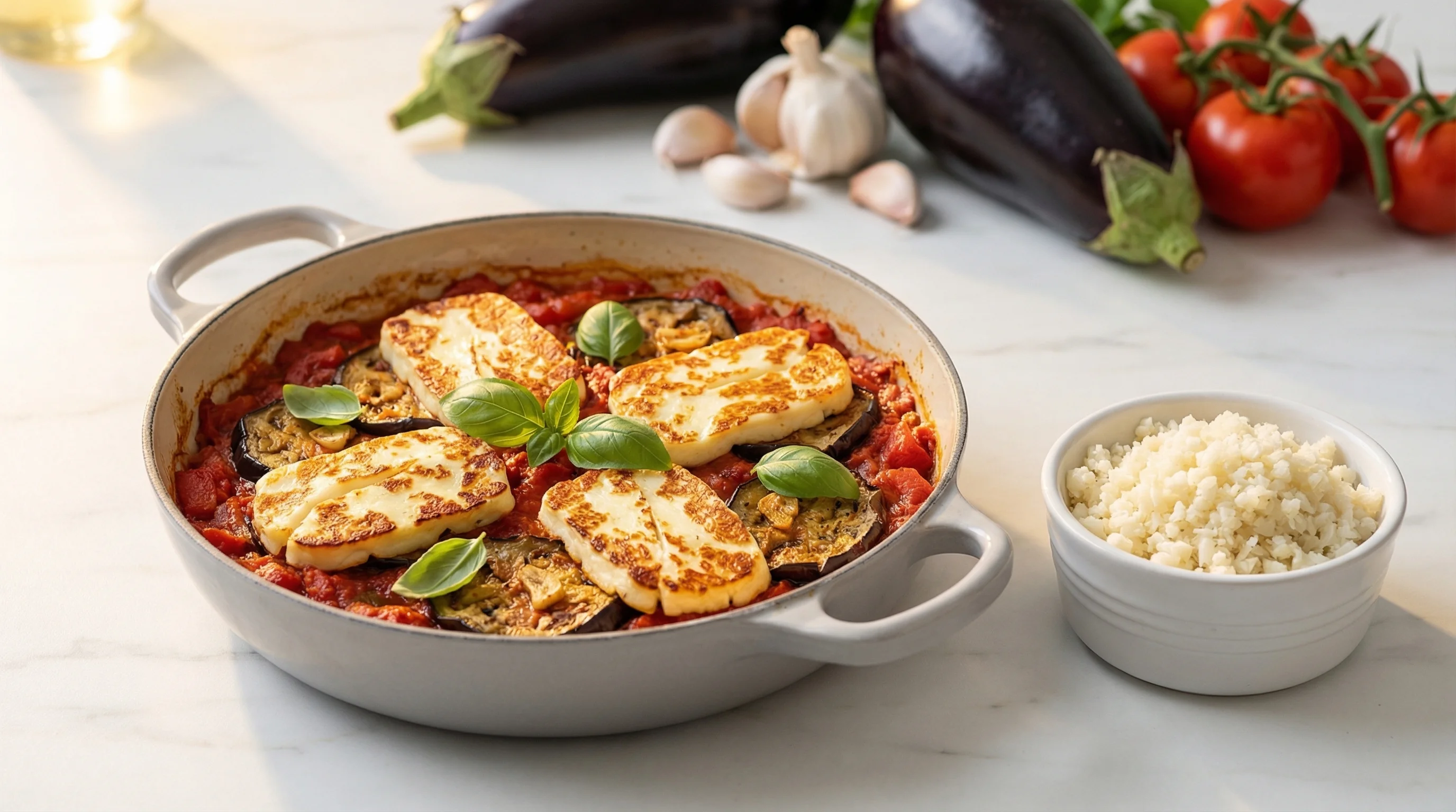 One-Pan Halloumi & Harissa Bake - Low Glycemic Recipe
