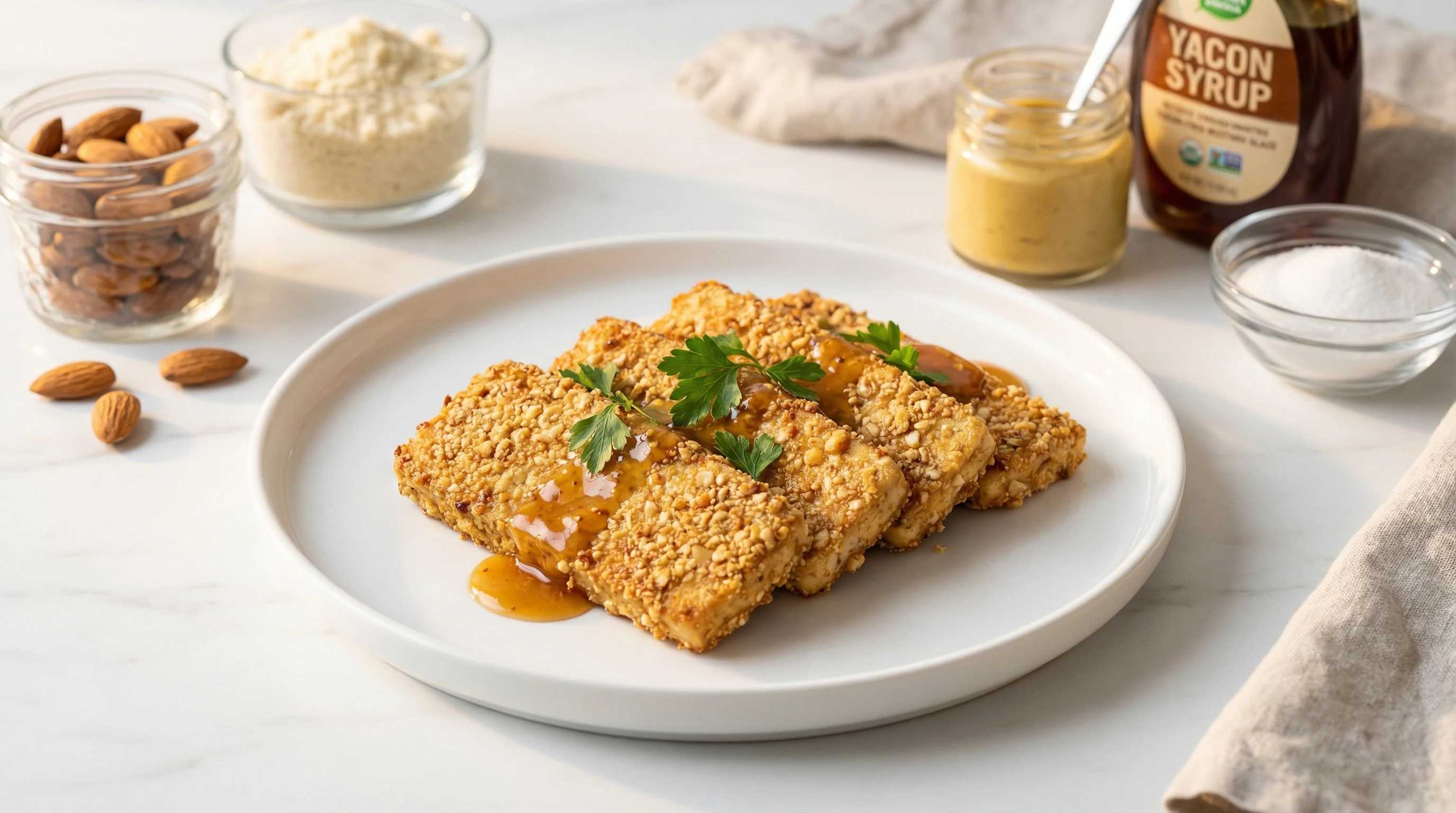 Almond-Crusted Tofu with Sugar-Free Mustard Glaze - Low Glycemic Recipe