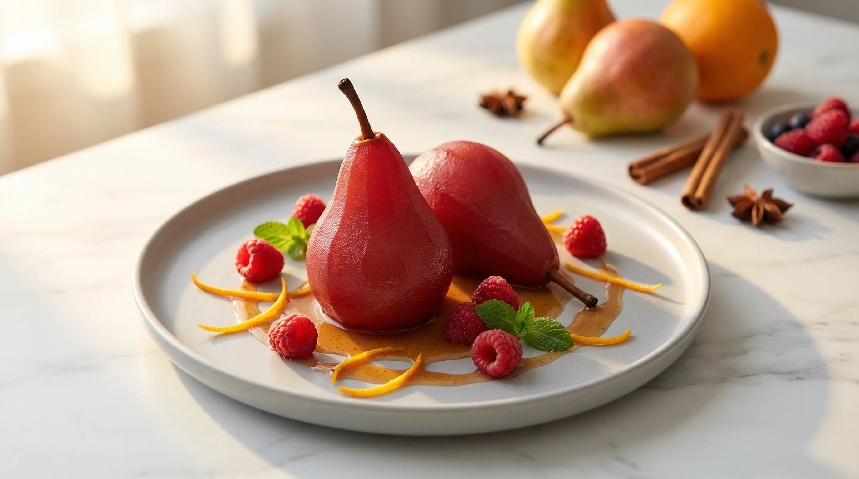 Cinnamon-Spiced Poached Pears with Fresh Berries - Low Glycemic Recipe
