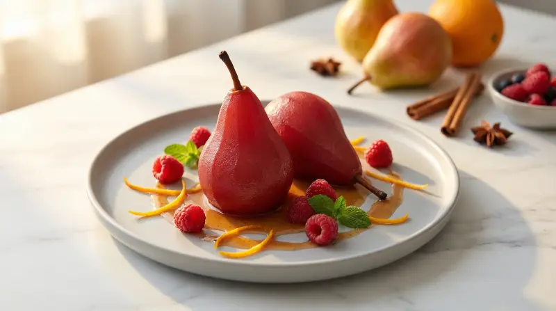 Cinnamon-Spiced Poached Pears with Fresh Berries - Low Glycemic Recipe