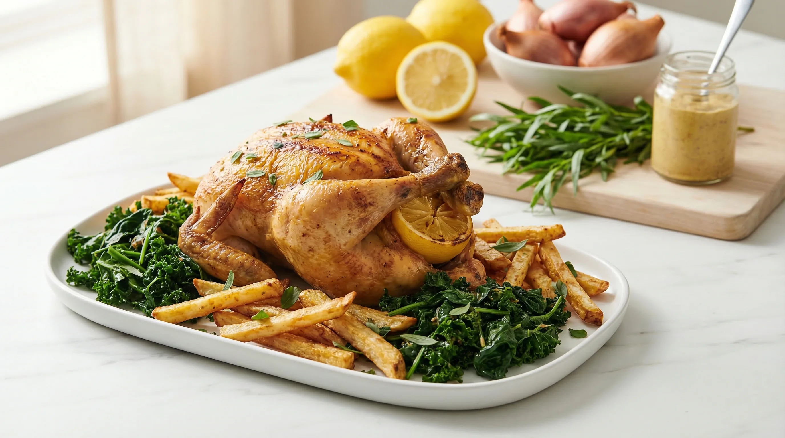 Roast Chicken with Celeriac Chips and Garlicky Greens - Low Glycemic Recipe