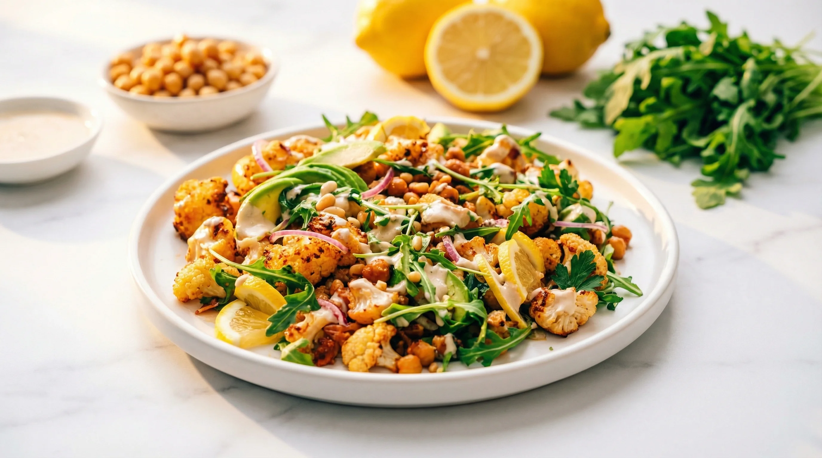 Roasted Cauliflower and Chickpea Power Salad with Creamy Tahini Dressing - Low Glycemic Recipe