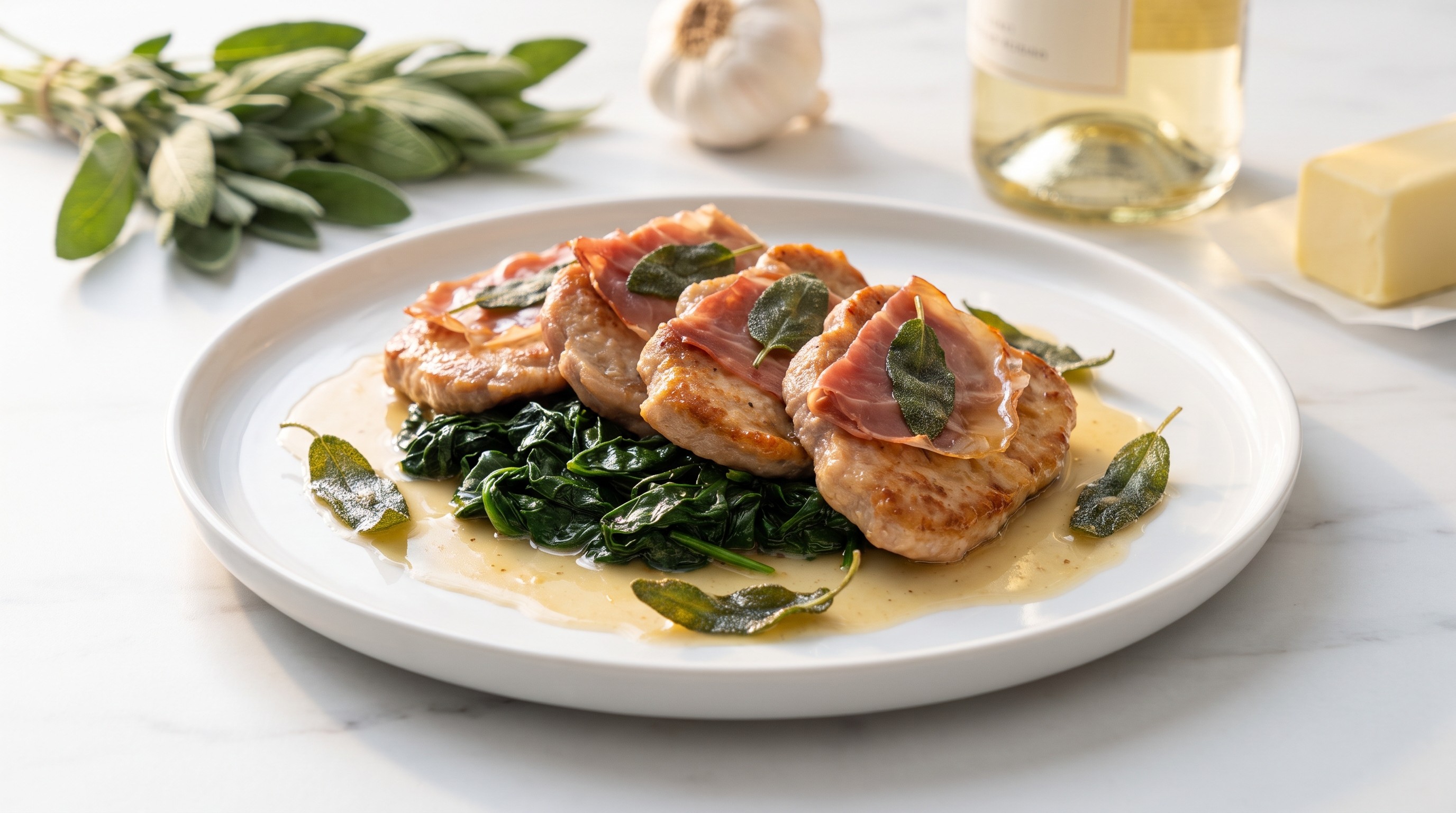 Saltimbocca alla Romana with Garlicky Wilted Spinach - Low Glycemic Recipe