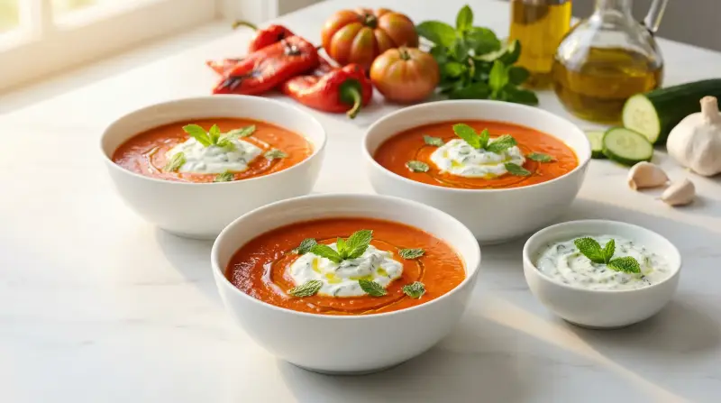 Mediterranean Roasted Pepper and Tomato Soup with Cucumber Mint Yogurt - Low Glycemic Recipe