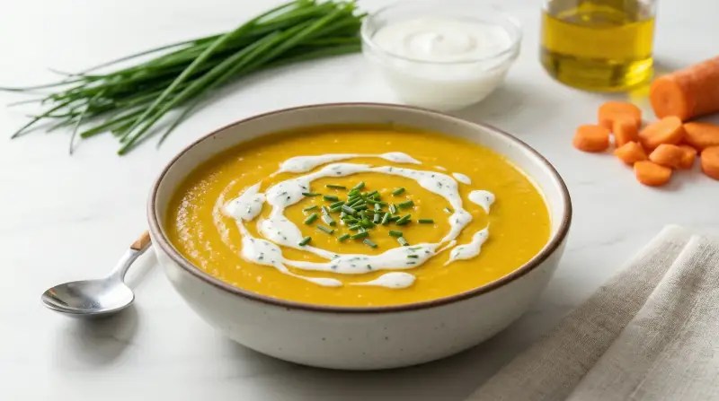 Golden Split Pea Soup with Herbed Chive Cream - Low Glycemic Recipe