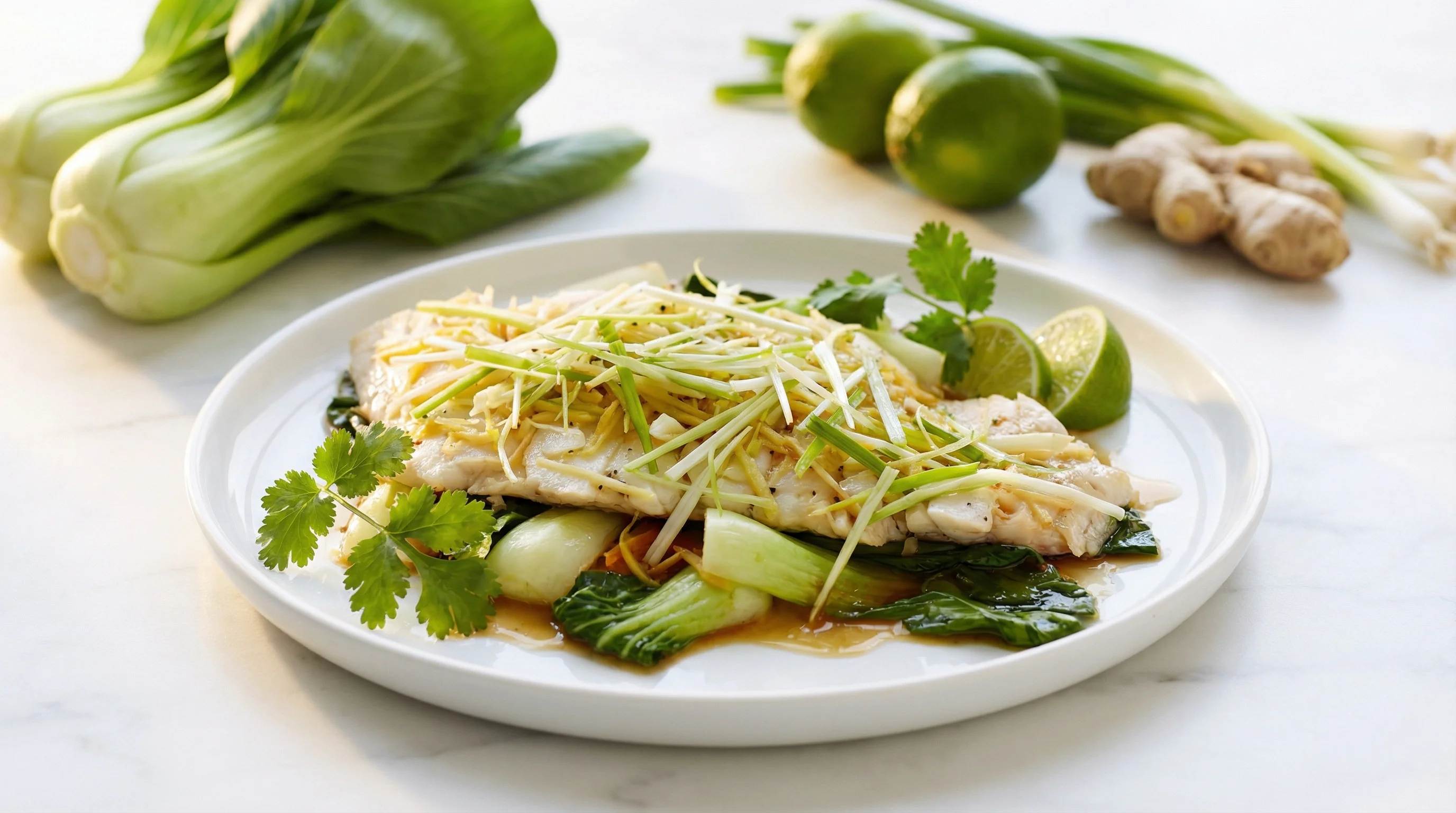 Ginger-Steamed White Fish with Bok Choy - Low Glycemic Recipe