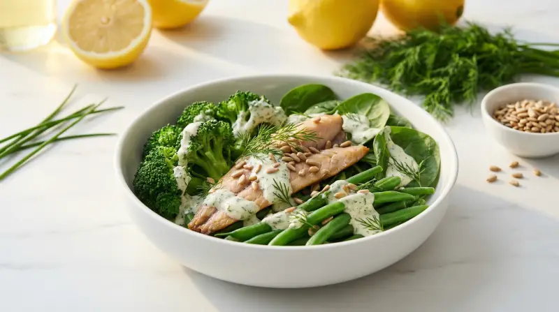 Omega-Rich Green Power Bowl with Smoked Mackerel - Low Glycemic Recipe