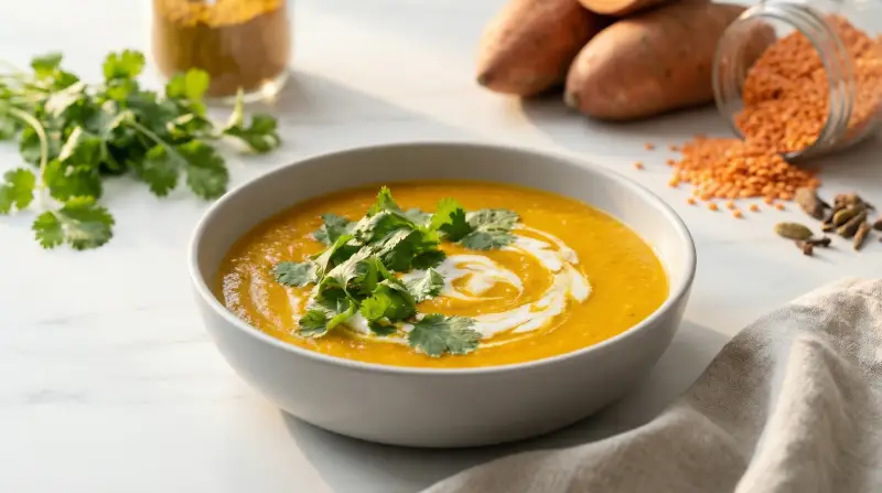 Curried Sweet Potato and Red Lentil Soup - Low Glycemic Recipe