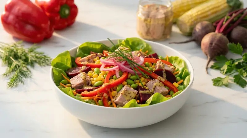 Mediterranean Rainbow Tuna Salad with Mustard Dressing - Low Glycemic Recipe
