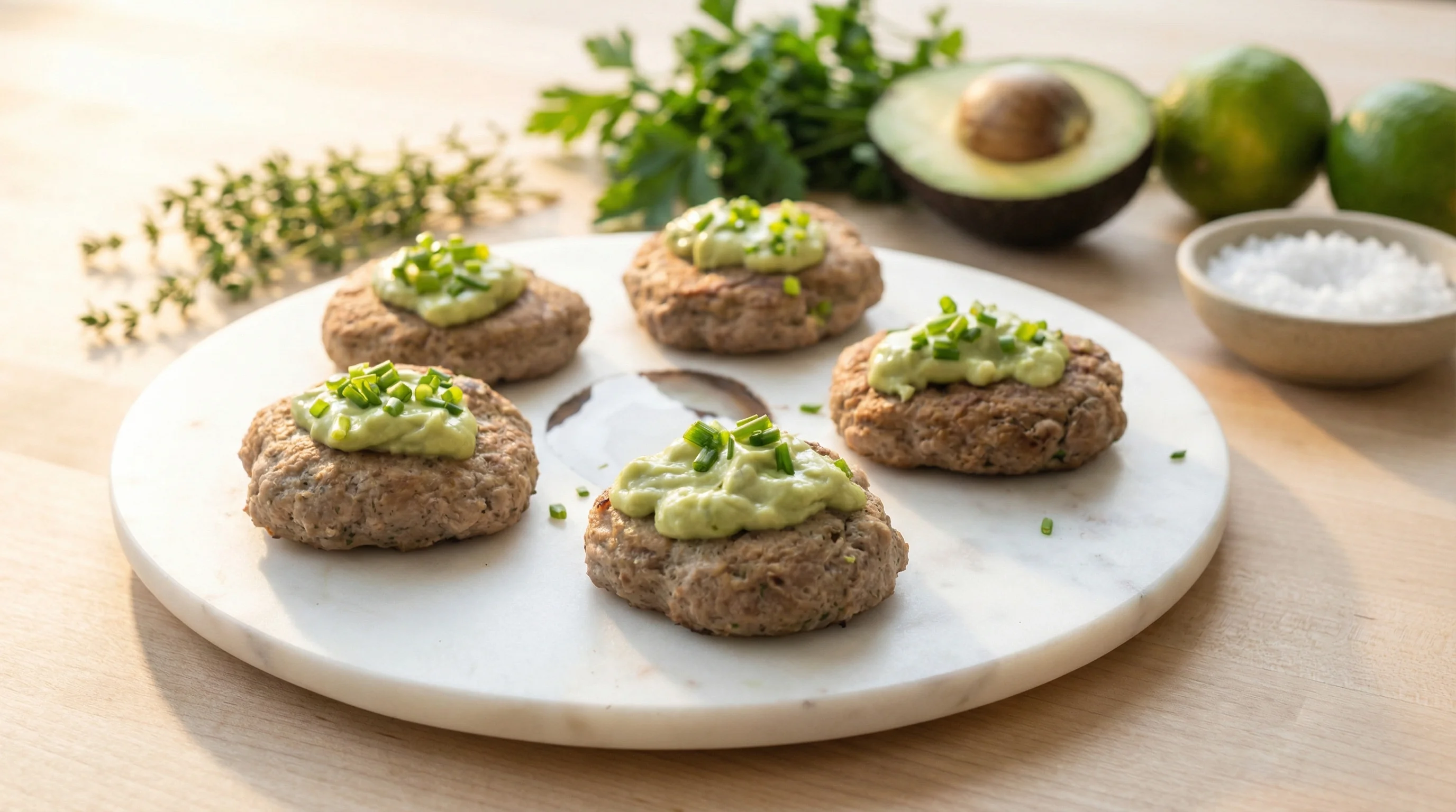 Herb-Crusted Turkey Breakfast Patties with Creamy Avocado-Lime Aioli - Low Glycemic Recipe