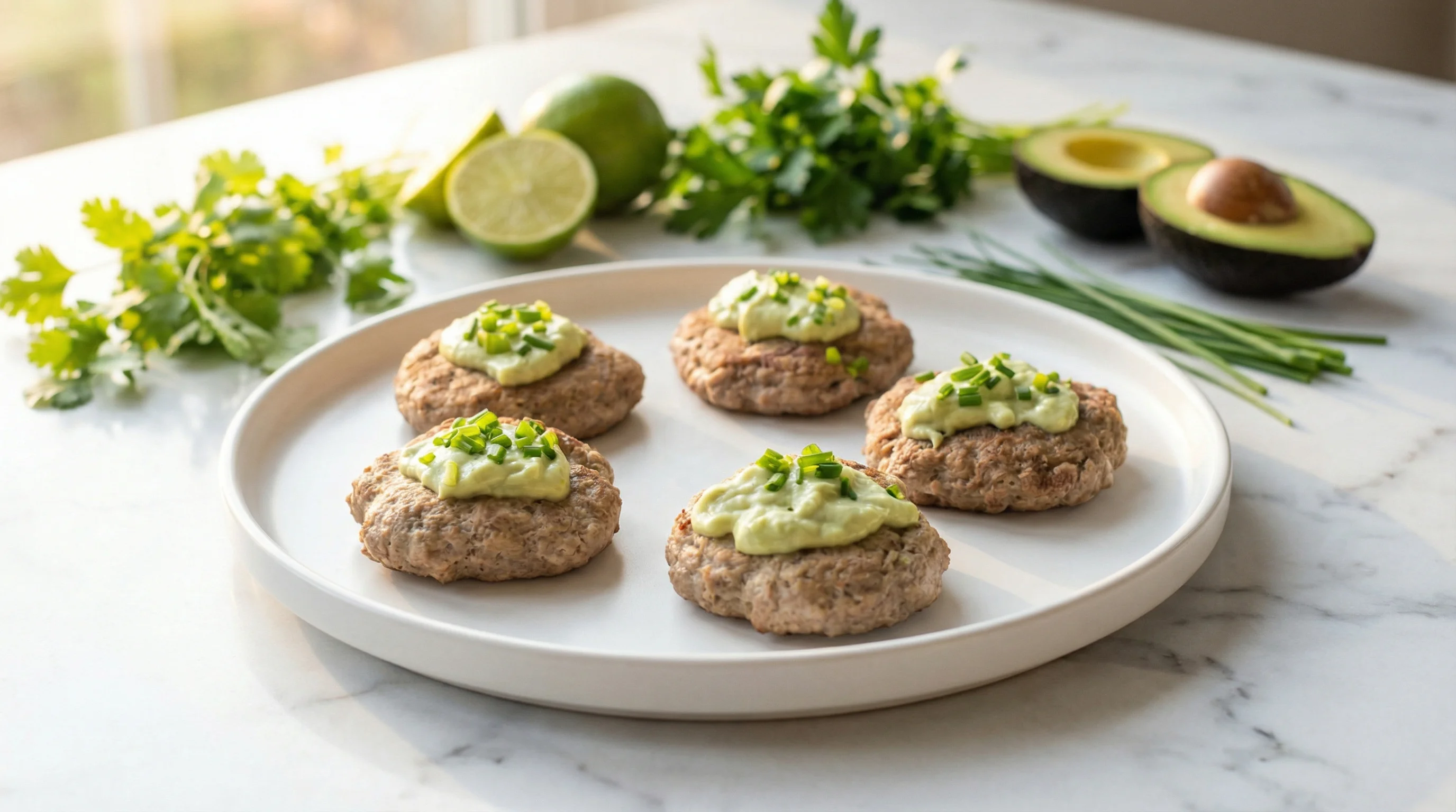 Herb-Spiced Turkey Breakfast Patties with Creamy Avocado-Lime Sauce - Low Glycemic Recipe
