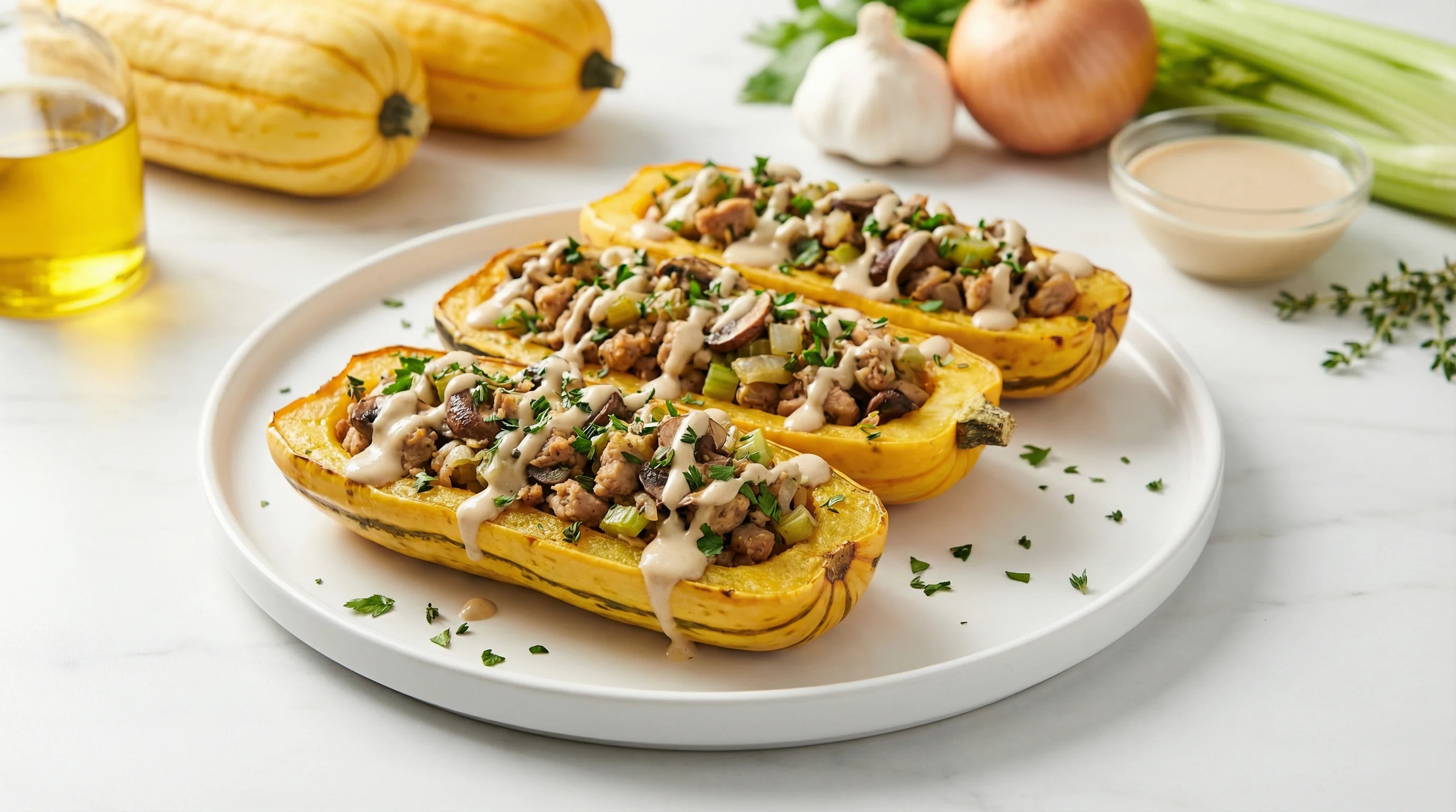 Low-Glycemic Turkey-Stuffed Delicata Squash with Tahini - Low Glycemic Recipe