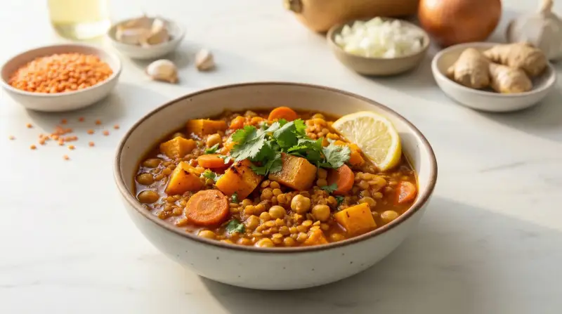 Moroccan-Spiced Lentil and Chickpea Stew with Roasted Vegetables - Low Glycemic Recipe