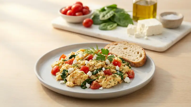 Mediterranean Veggie Feta Scramble - Low Glycemic Recipe