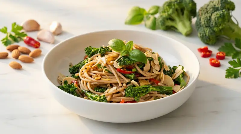 Whole Wheat Pasta with Broccoli and Toasted Almonds - Low Glycemic Recipe